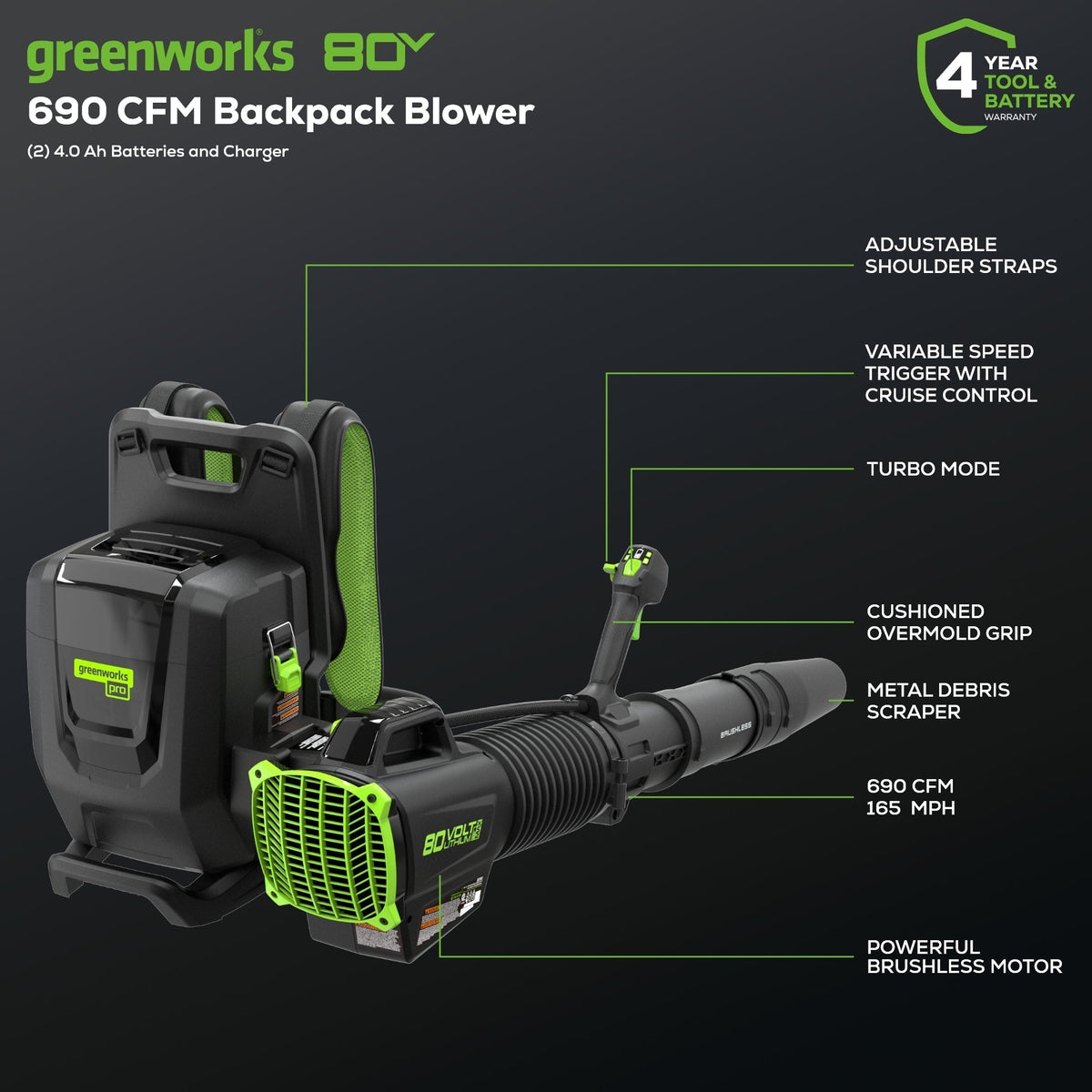 Greenworks BLB492 Cordless Backpack Blower Kit 80V 4.0Ah